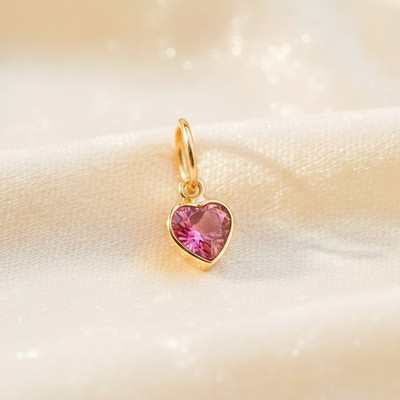 Pink Tourmaline Tiny Heart Charm Pendant In 14k Solid Yellow Gold, Handmade Fine