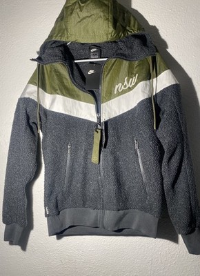 Nike NSW Sherpa Windrunner Jacket in an olive green, white, and grey color NWT