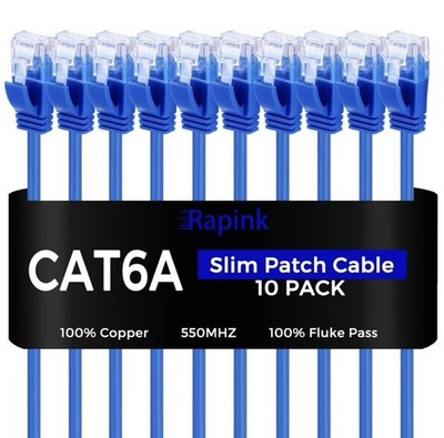 Rapink Patch Cables Cat6a 0.5ft (10 Pack) Slim, Ethernet, Blue