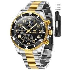 OLEVS Men's Gold Silver Analog Quartz Waterproof Watch, 43mm Dial, New