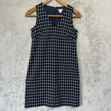 J. Crew Windowpane Tweed V-neck Dress Size 2 Navy Blue Preppy Classic Academia