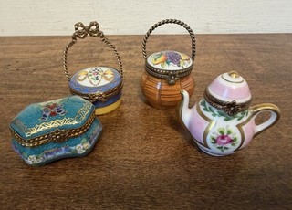 Lot of 4 Limoges France Porcelain Hinged Trinket Boxes Baskets Teapot & more