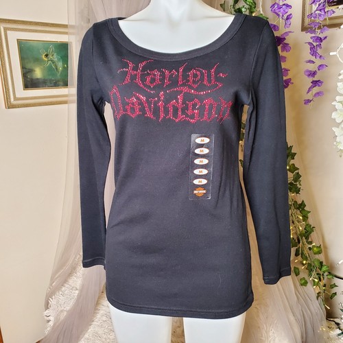 Harley-Davidson Fire Pattern Rhinestone Long Sleeve T-Shirt, Women's Size Medium cotton Charcoal Vintage Second Hand