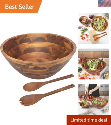 12.5" Handcrafted Acacia Wooden Salad Bowl Set with Utensils - Timeless Elegance