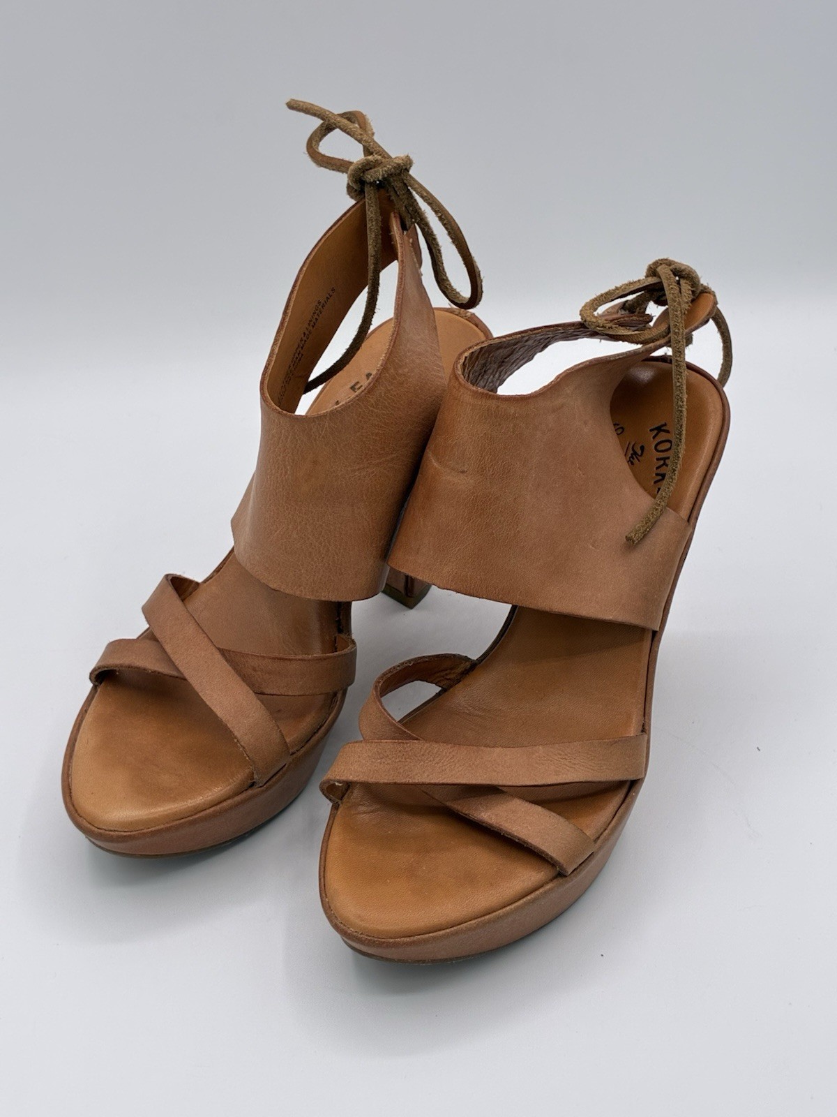 Kork-Ease Platform Sandals Leather Lace Up Ankle Cuff Block Heel Tan Size 6