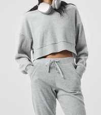 ALO YOGA Muse Cropped Ribbed Hoodie Size Medium Heather Gray Athleisure