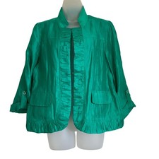 Chicos Emerald Green Ruffle Linen Blend Jacket Mandarin Collar 3/4 Sleeve Size 1