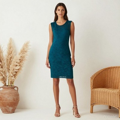 Evening Glam Midi Dress Green Textured Sheath Sleeveless Zip Stretch Party US 8
