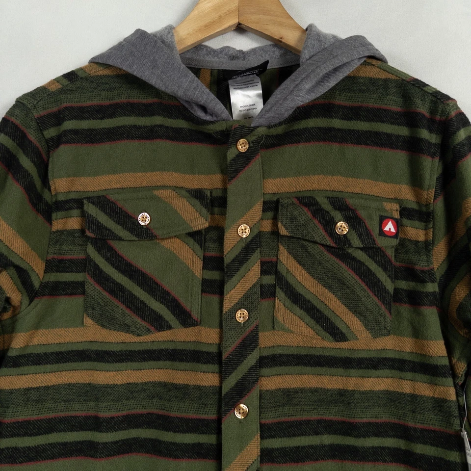 Airwalk Classics Shirt Shacket Boys Large Green Striped Hooded Flannel Button Up - Image 2 of 4