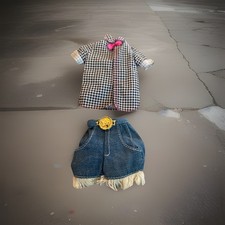 Vintage Barbie Outfit Top Check Bow Tie Denim Fringe Jeans Shorts Med Wash
