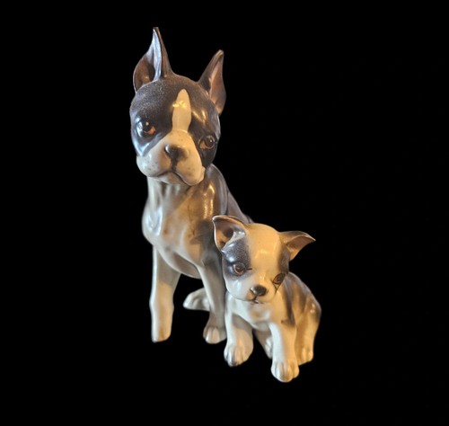 Vintage Josef Originals Ceramic Boston Terrier Dog Figurine Mother & Puppy 5" Ja