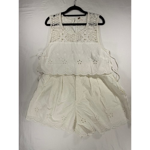 Free People Eyelet Two Piece Set Women Size 8 White Boho Crochet Co-ord