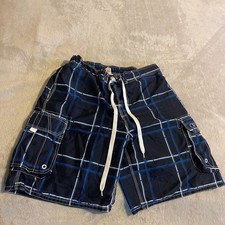 Vintage OP Ocean Pacific Mens Plaid Cargo Swim Trunks Shorts Blue Size Large