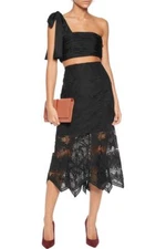 $395 Authentic CINQ A SEPT Womens Chloe Black Cropped Bow-Embellished Ruched Top