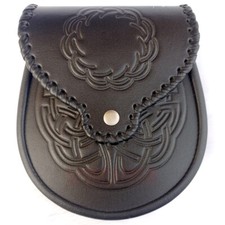 Scottish Handmade Black Real Leather Celtic Embossed Scottish kilt Sporran