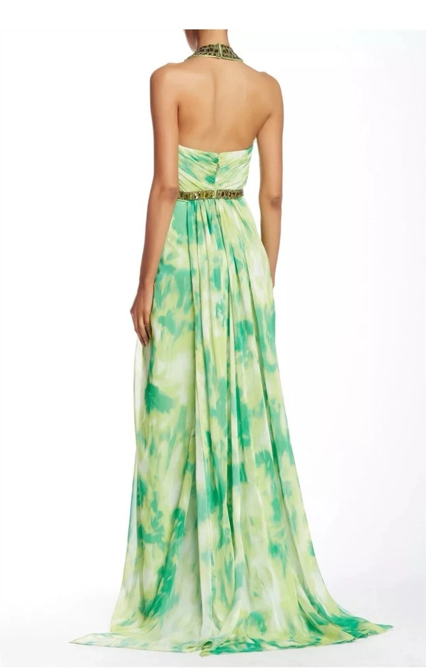 Nuevo sin etiquetas Vestido Pamella Roland Adornado Halter Seda Multi Verde Talla 8 Foto 3 de 4