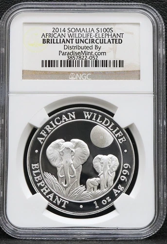 2014 Somalia 100S African Wildlife Elephant NGC BU 1 oz .999 Silver Free Shipp