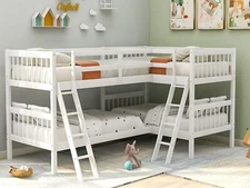 L-Shaped Bunk Bed Wood Bed Frame Bedroom Sets Twin Size Loft Bed White/Gray