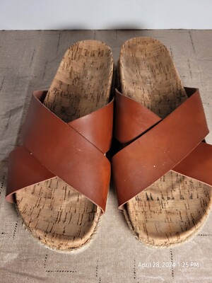 Esprit Sandals Womens Size 7.5 Blanca Slide Flats Brown Faux Leather Crisscross