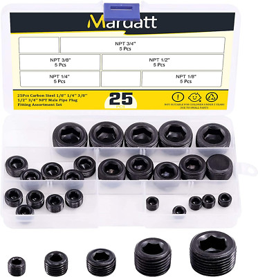 25Pcs NPT Plug Set Pipe Plug Assortment Kit 1/8'' 1/4'' 3/8'' 1/2'' 3/4'' Carbon Stee