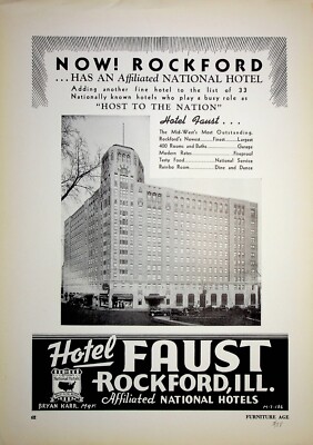 Original 1938 Vintage Print Ad: Hotel Faust Rockford, Affiliated National Hotel