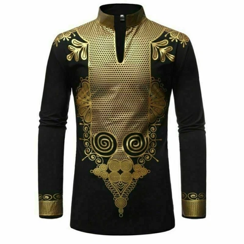 Hot Men Print Shirt African Dashiki Luxury Tribal Metallic Gold Top Blouse Shirt - Picture 2 of 17