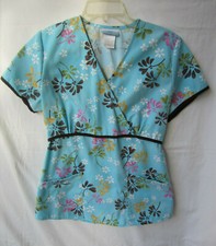 SB Scrubs Womens Floral Themed Turquoise Blue Scrub Top w/ Brown Trim Size S
