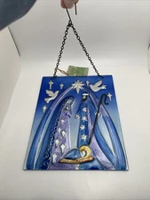 Glass Nativity Wall / Window Hanging Plaque  Evergreen Garden 10in X 8in