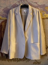 Chicos Sz 2 L Linen Open BeigeJacket Long Sleeve Crochet Sleeve Back Pockets