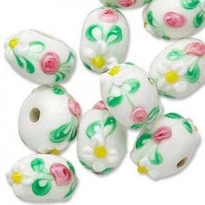 12 Pretty Rondelle Lampwork Glass Beads White w Flowers