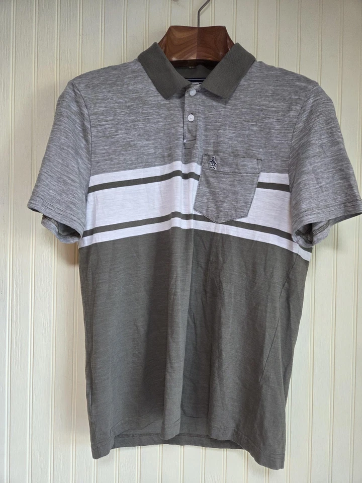 Camisa Polo Original Pingüino Para Hombre Mediana Gris Blanco Rayas Bolsillo Algodón Foto 2 de 4