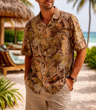 Tommy Bahama Silk Hawaiian Shirt Mens Size XL Autumn Earth Tones Beach Aloha