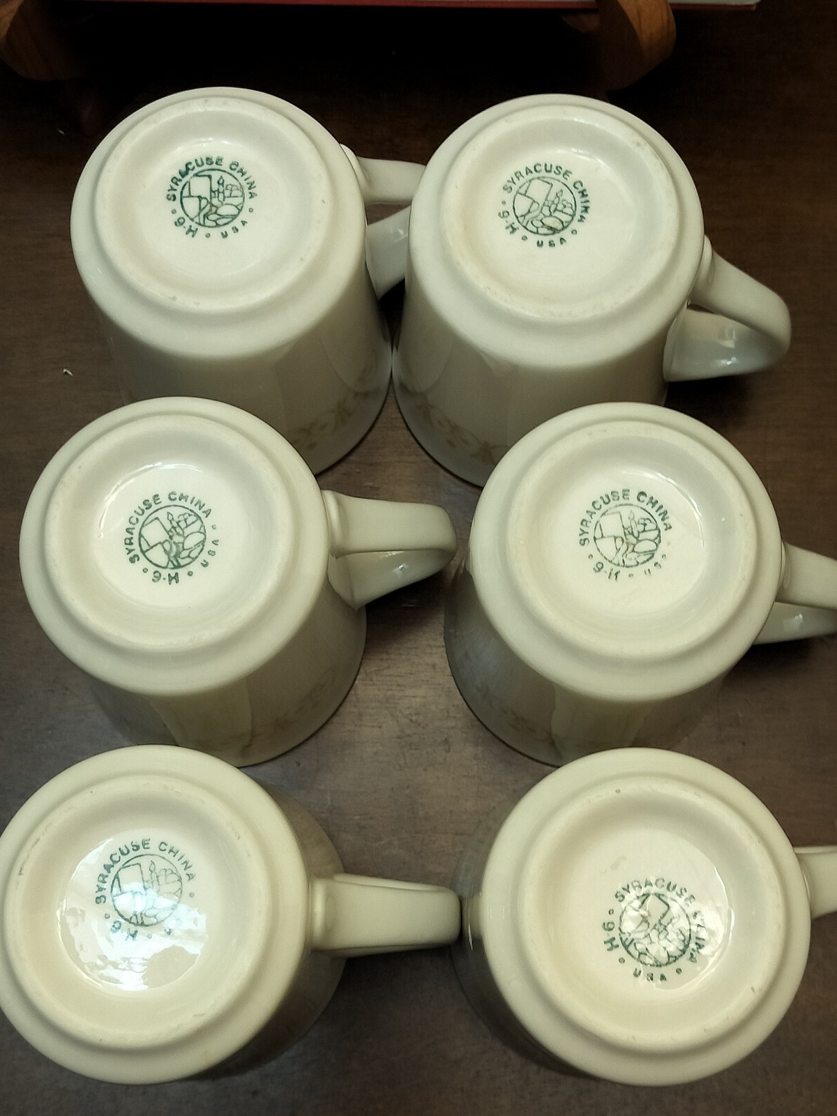 Set of 6 Syracuse China Coffee Mugs Classic Bronze Pattern Made 1980