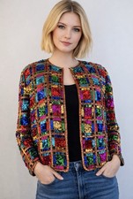 VTG 80s PAPELL BOUTIQUE 100 SILK Sequined Blazer Jacket Womens Sz L Retro Glam