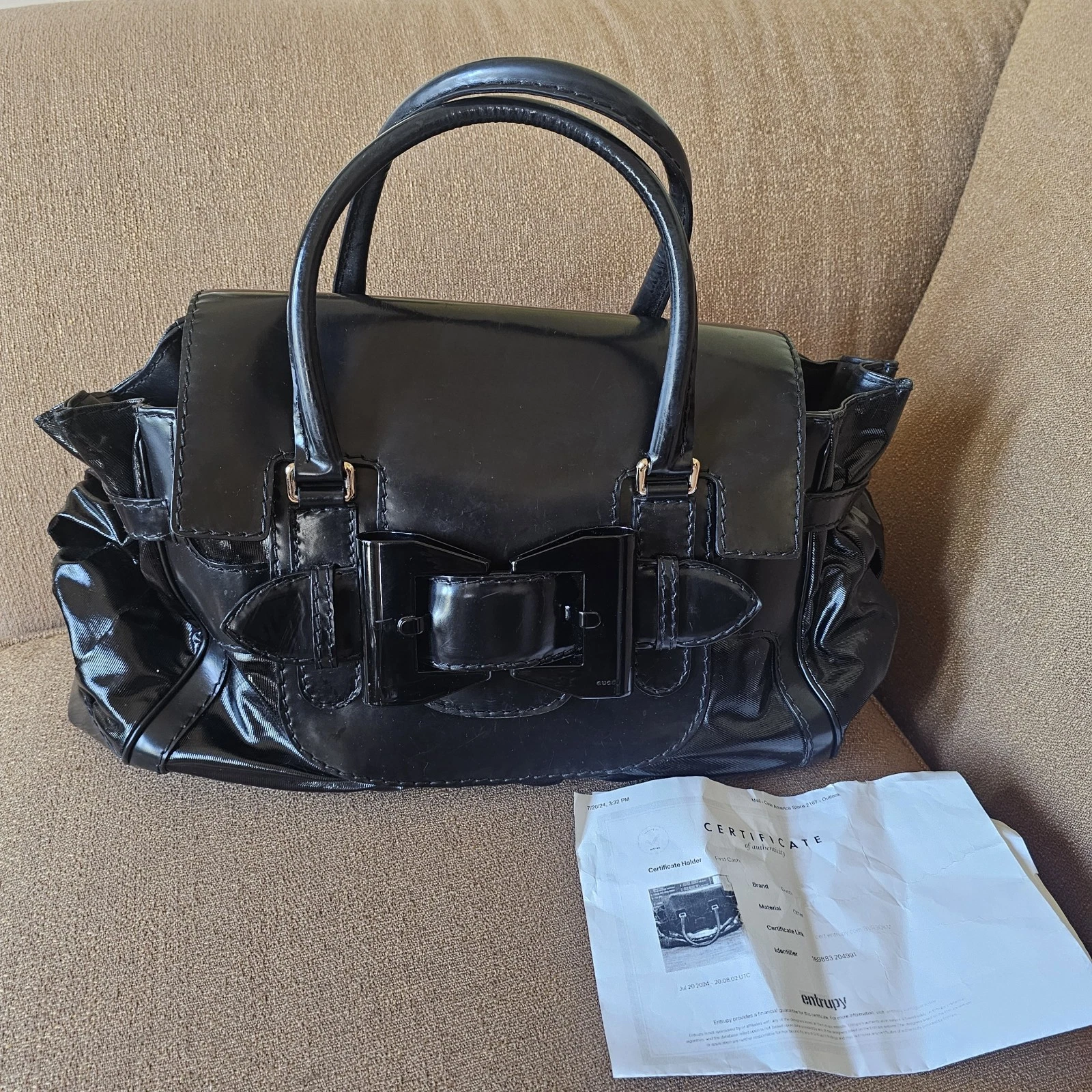 Grand sac fourre tout GUCCI noir Dialux Queen boucle nœud noir sac à bandoulière sac à main