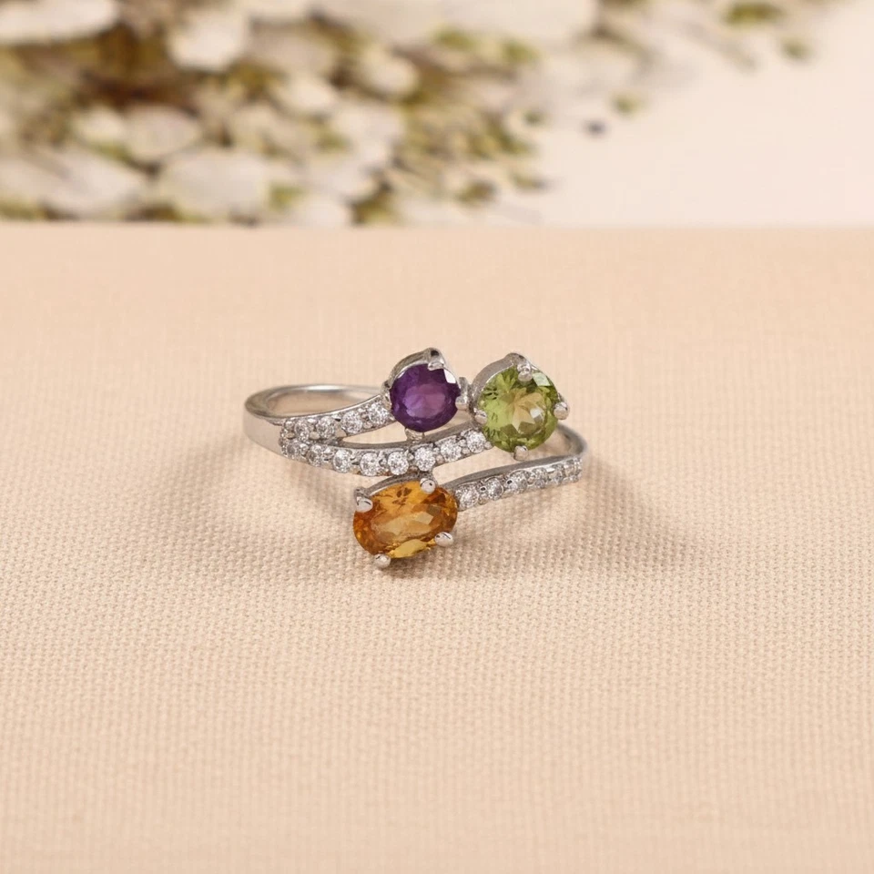 Cluster Multi Gemstone Sterling Silver Ring Amethyst Citrine Peridot Blue Topaz - Image 4 of 4