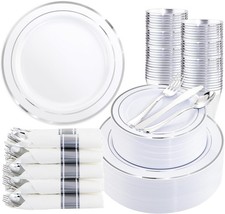 350Piece Silver Plastic Dinnerware Set for 50 Guests - Silver Plastic Plates