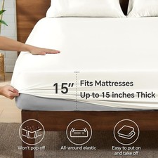 Satin Fitted Sheet Queen Size with Elastic Corner Straps Ivory Luxury Silk-Like