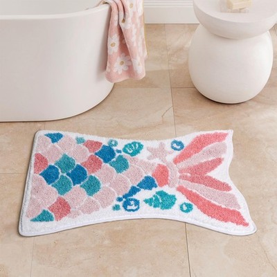 Mermaid Tail Bath Mat for Kids Bathroom Ocean Fish Scales Non-Slip Thick Micr...