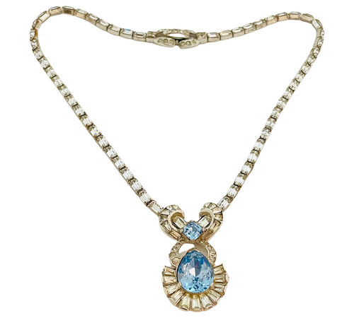 Vintage MAZER BROS. signed silver tone blue rhinestone designer necklace