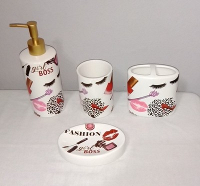 ZAHARI HOME FASHION GIRL BOSS CERAMIC BATHROOM ACCESSORIES SET NEW