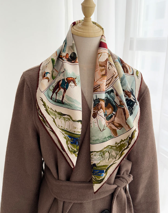 70% Cashmere 30% Silk Scarf Double Face Bandana horse Print 65X65cm Shawl new