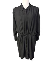 Topshop Black Button-Down Long Sleeve Drawstring Waist Shirt Dress Size 10