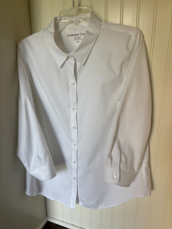 Coldwater Creek No Iron Button Up Shirt Size 14 White 3/4 Sleeve, New with tags!