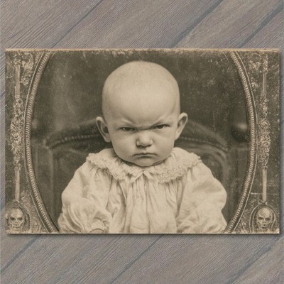 ART PRINT Angry Baby Wearing Lace Collar Sitting Under Gothic arch