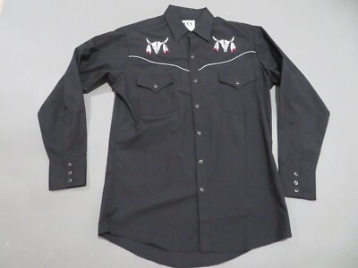 Ely Cattleman Shirt Men M Black Western Pearl Snap Native Bull Skull Embroidered