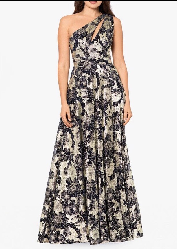 Betsy & Adam Women One Shoulder Floral Blue Gold Metallic
