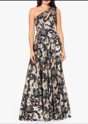 Betsy & Adam Women One Shoulder Floral Blue Gold Metallic Maxi Formal Dress  4P | eBay