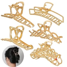 5 Pcs Women Gold Hair Claw Clips 4.3 Inch Metal Nonslip Thick Curly Thin Hair
