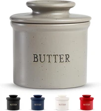Butter Keeper Dish, French Ceramic Crock for Counter with Lid, Embossed Containe